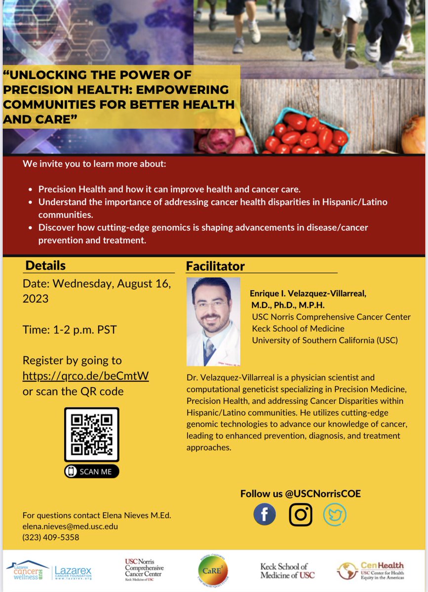 UscDtg's tweet photo. Join us for a community educational session as USC DTG faculty member Enrique Velazquez Villarreal, MD, PhD, MPH, takes the stage to deliver a talk titled "Unlocking the Power of Precision Health: Empowering Communities for Better Health and Care." Wed Aug 16, 1-2pm PST. @USC https://t.co/DGH1MXJSko