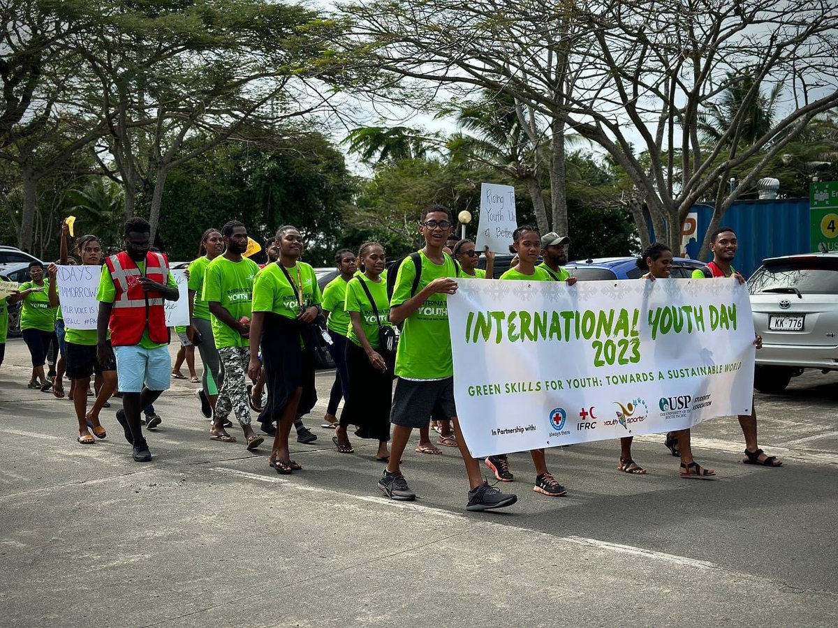 USPSA_'s tweet photo. 🌱 Happy International Youth Day! 🌍 
In partnership 🤝 with Red Cross Fiji, @IFRCAsiaPacific and @Fijiyouthsports ,our day long event has commenced with a #YouthMarch at Laucala Campus!  

#GreenSkillsForYouth #SustainableFuture #YouthEmpowerment #TeamUSP https://t.co/x0H81HINpA