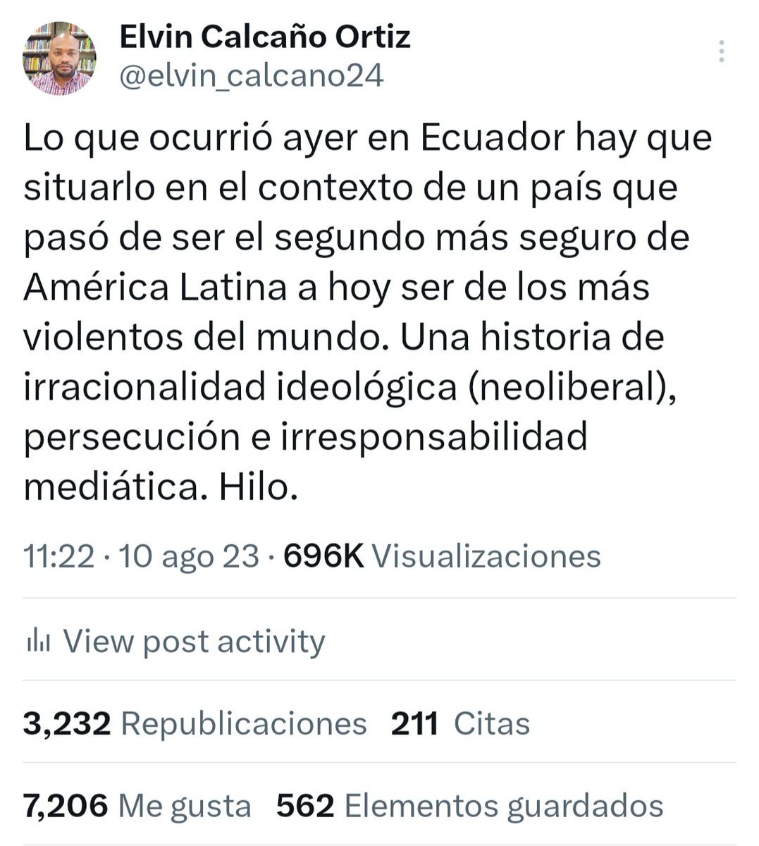 elvin_calcano24's tweet photo. Mi hilo sobre 🇪🇨 generó cientos de miles de reacciones y lleva dos días viral internacionalmente. Fue mi modesto aporte para entender desde los hechos y seriedad la crisis de un país hermano que merece mejores días. Gracias a quienes lo leyeron y compartieron 👇🏿 https://t.co/N2JRLK65bp