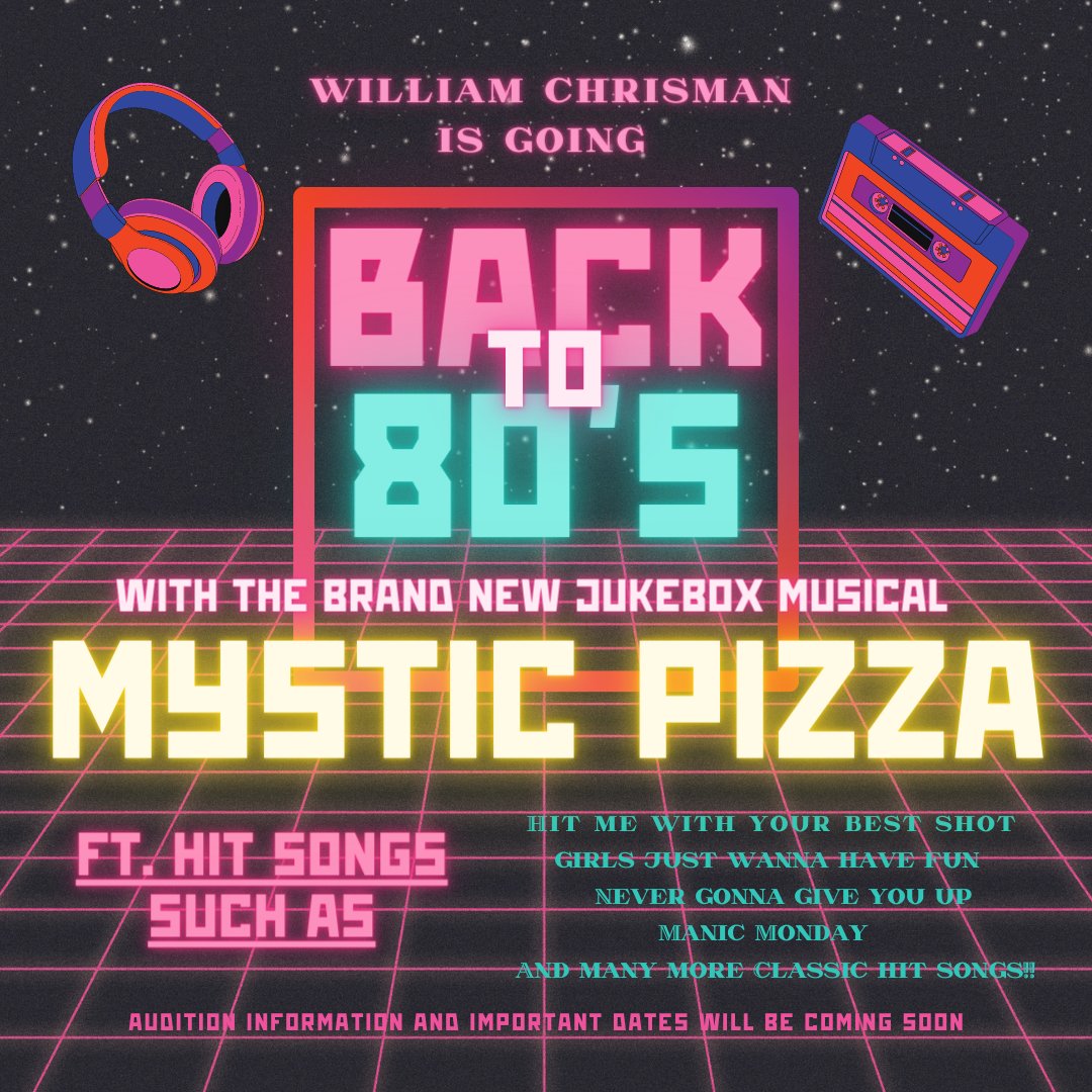Thank you to everyone who participated today! We are very excited to announce this year's musical.............Mystic Pizza!!!!

Audition info will be coming soon! Until then, pay attention to our posts because next week we'll be revealing the winter play!