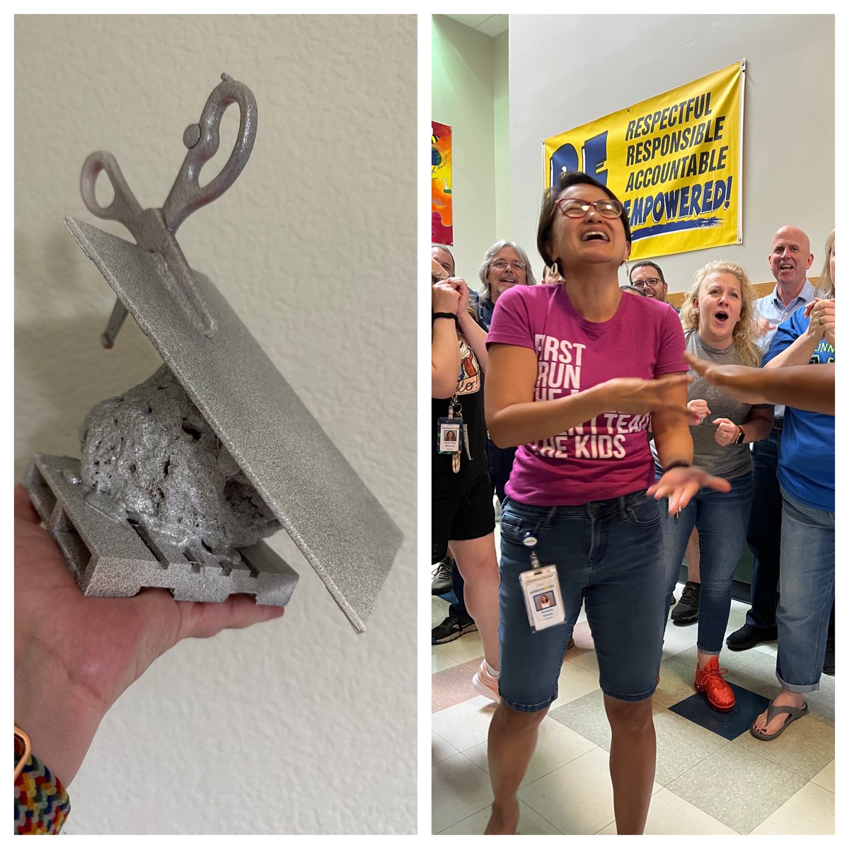 The inaugural “Rock, Paper, Scissors” battle at RBMS was a hit. Ms. Suarez is the current trophy holder! #1LISD #backtoschool #RBMSCougars #middleschool #purposefulconnections