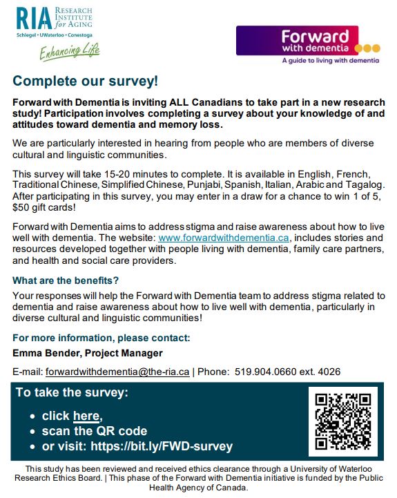 PiDCAlliance's tweet photo. @FWDDementia_CA is inviting ALL Canadians to take part in a new research study, and share your thoughts about dementia! Access the survey in several languages https://t.co/DSEJt2re9G Ethics clearance through a University of Waterloo Research Ethics Board. Funding:
@GovCanHealth https://t.co/Ymv6cZZWvO
