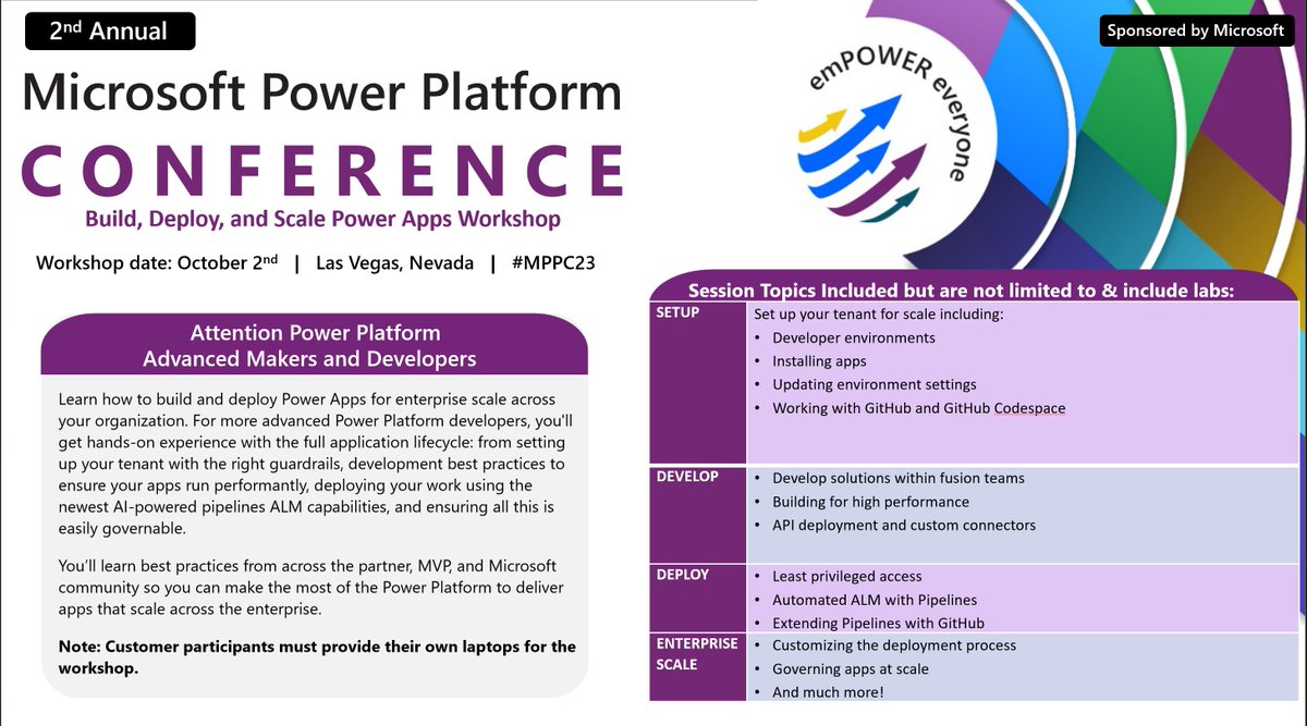Want to learn how to build, deploy, and scale Power Apps faster, quicker, and dare I say better ... come over to #MPPC2023  in the MGM October 2nd. You will all your favorite subject matter experts and build an app #PowerPlatform #PowerApps #Azure #azureai
