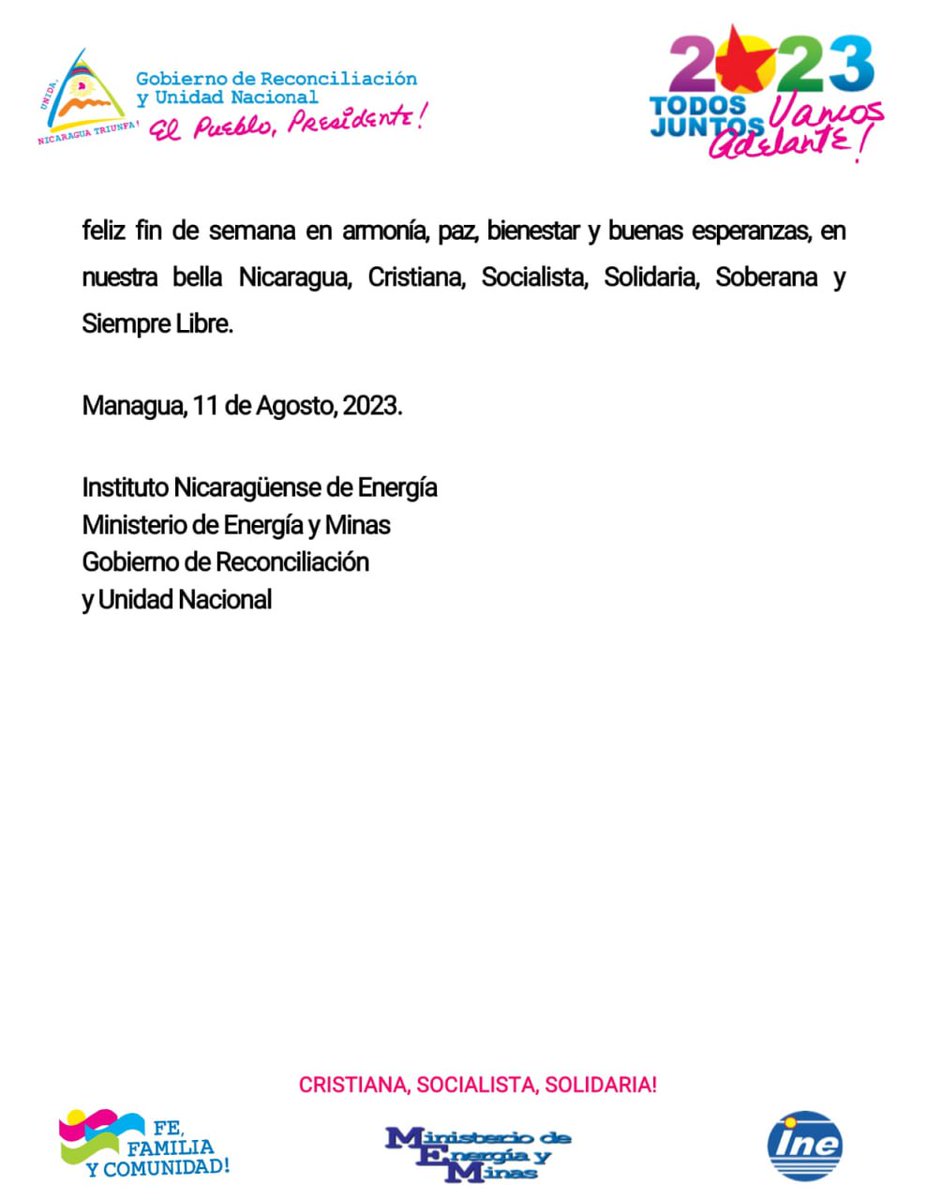 #Nicaragua COMUNICADO DEL INE Y MINISTERIO DE ENERGÍA Y MINAS (SEMANA DEL 13 AL 19 DE AGOSTO 2023)
Remitimos importante Comunicado del INE , nuestro Gobierno asume el 100% del incremento del precio del Gas Licuado, de las Gasolinas y Diésel.

#UnidosEnVictorias