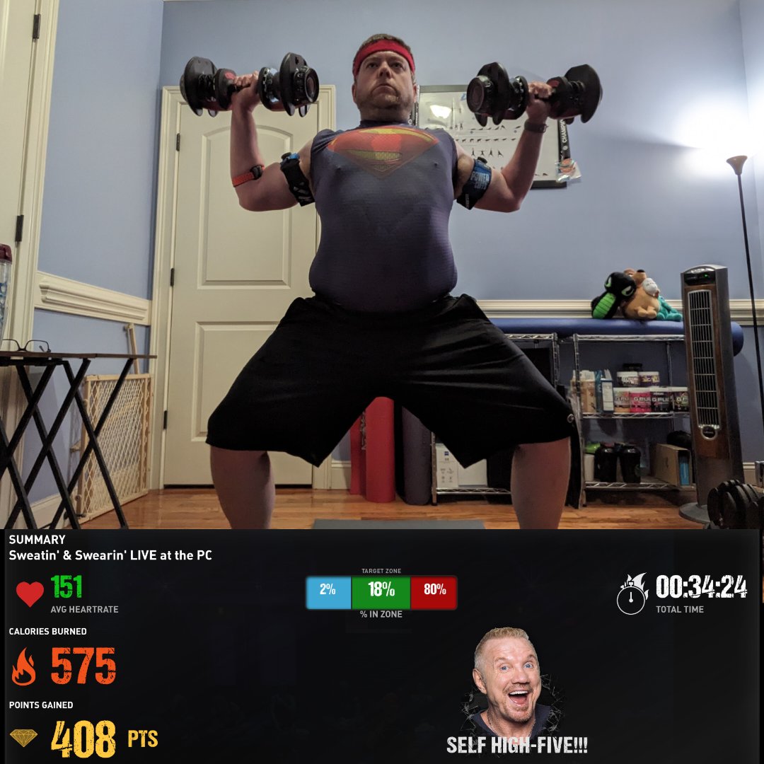 GetFitWithJared's tweet photo. If you want to wear Superman's shirt, you better be ready for a Superman workout!
I sure hope 575 calories 🔥 🔥 🔥 in 34 minutes of @ddpyoga counts!
I spiced up one of @RealDDP Sweatin and Swearin #Powercuff workouts with an extra 10lbs of steel. My arms are rubber now! 😂
#DDPYWorks #Fat2Fit #PositivelyUnstoppable #fitness #strengthtraining it ain't #yoga