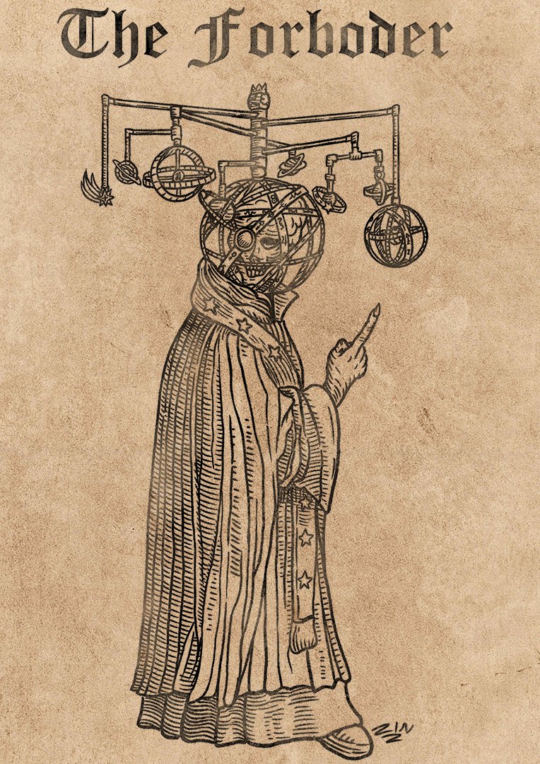 The_Real_Zin's tweet photo. Concept I had for a Divination-School equivilent to the Lich:
The Forboder achieves immortality by expoliting prophetic loopholes.
Beware his hostile horoscopes. #DnD https://t.co/RTVDlkQcKn