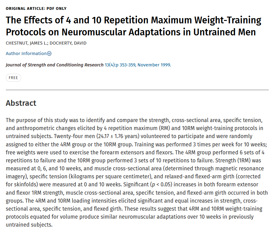 Jozo_Grgic's tweet photo. What type of training is better?

6 sets of 4 repetitions to failure

or

3 sets of 10 repetitions to failure

After 10 weeks, similar gains were found for 1RM strength and muscle cross-sectional area

https://t.co/O8UXG73tmm https://t.co/SeuNkqCN7t