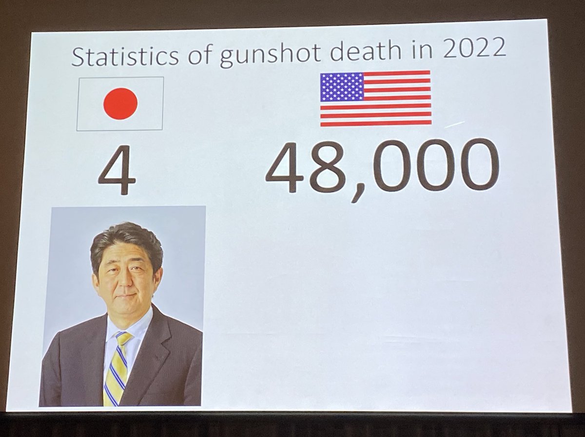 Perhaps the most striking slide of the entire #WTC2023. Gunshot would deaths in 2022: USA 48,000 Japan 4 #ThisIsOurLane #EndGunViolence @JosephSakran @MomsDemand @Everytown