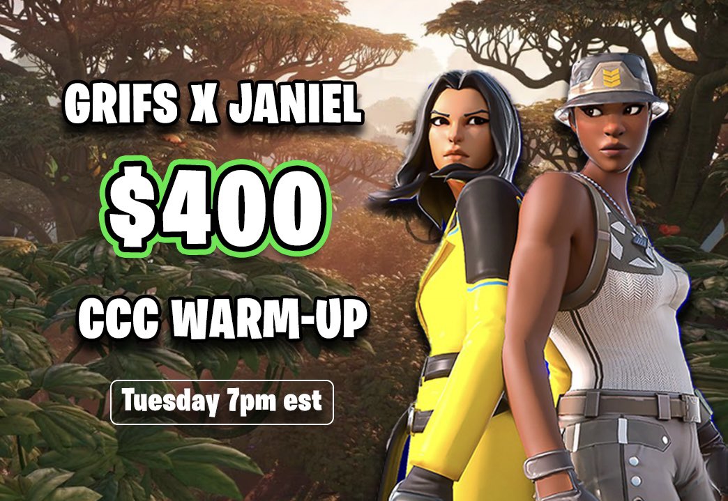 MrGrifs's tweet photo. 💰 $400 GRIFS X JANIEL CCC WARM-UP! 💰

Opens - Tuesday, 7pm est
Finals - Wednesday, 6pm est

To participate:
- Follow @MrGrifs &amp; @Janieled.
- LIKE + JOIN DISCORD BELOW.

Giving away 5 FINALS spots to pros + 4 RANDOM FINALS spots to people that RT + TAG YOUR DUO ⬇️ https://t.co/yYcfYB2y6s