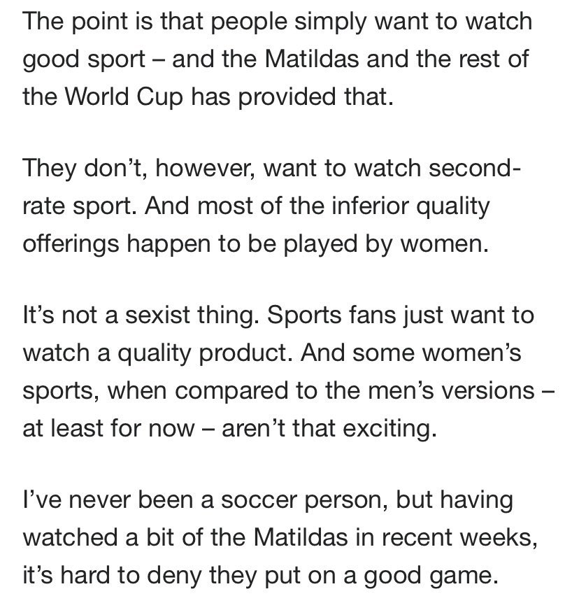 Love how people that rarely watch women’s sport are now chiming in with how the Matildas are the exception. But how do you think the Matildas got so good? Do you think it might have had something to do with the funding, resources and support they fought so hard for?