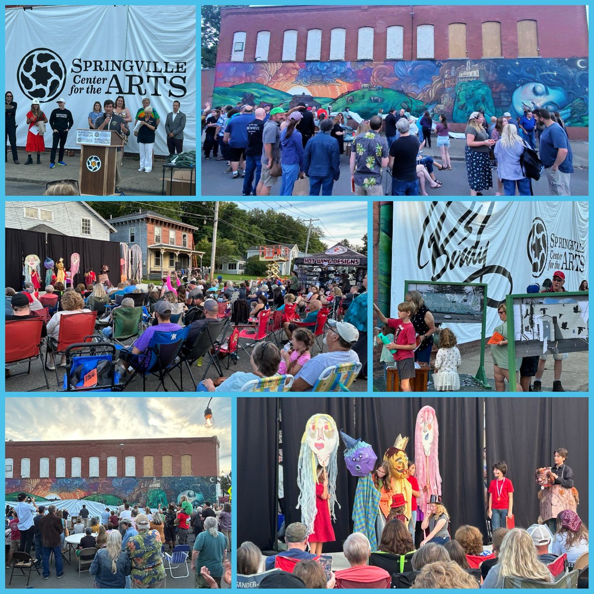 markpoloncarz's tweet photo. Awesome evening in Springville as the community celebrated the Springville Center for the Arts' "Party on Pearl End of Summer Street Party" with a performance by the kids and the unveiling of @ErieCountyNY /@BuffaloAKG latest public art mural, Mandi Casey's "A Wish on the Wind." https://t.co/jmByYVHksQ