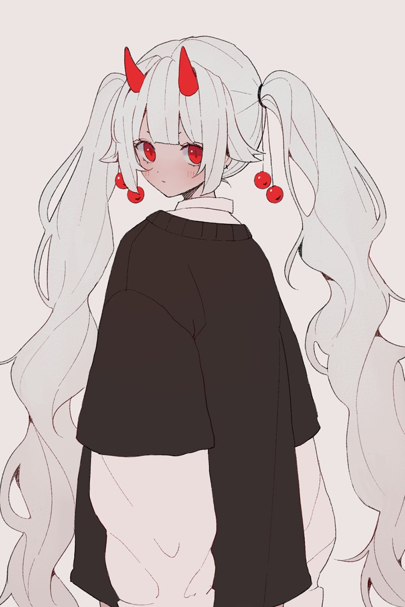 1girl solo twintails red eyes horns long hair very long hair  illustration images