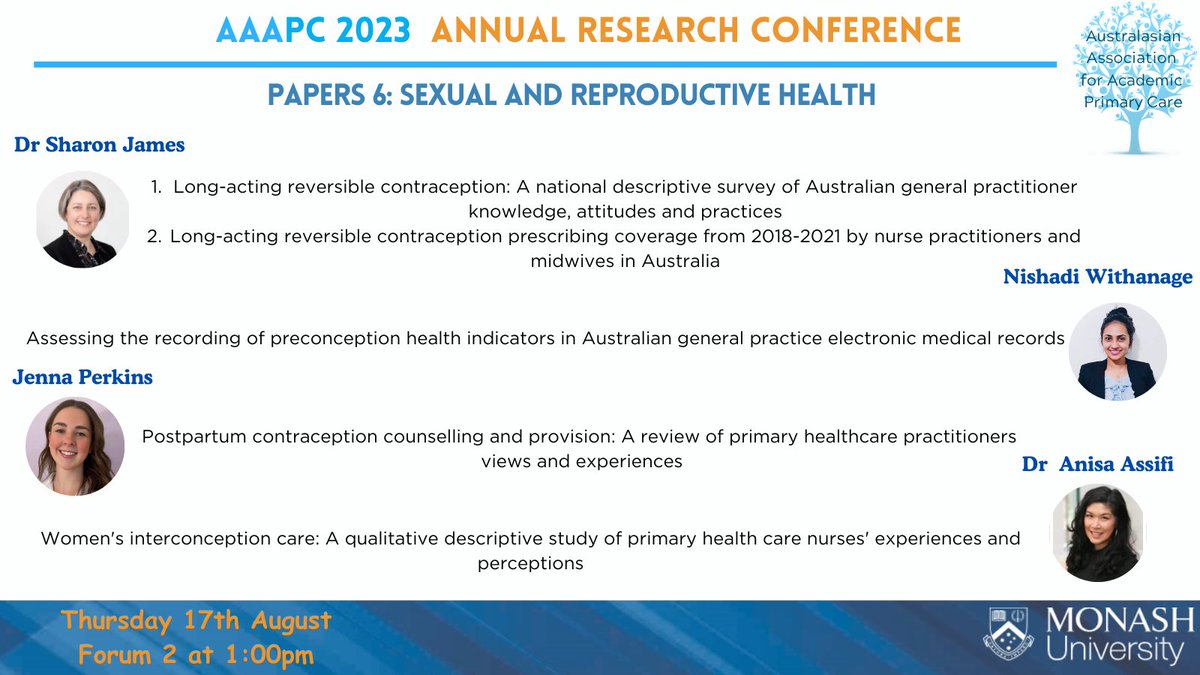 Monash Dept of General Practice (@dgpmonash) on Twitter photo Hear from a line up of our <a href="/Monash_SPHPM/">Monash Public Health</a> staff and students in Forum 2 about sexual and reproductive health <a href="/Sharon_MJames/">Sharon James</a> <a href="/NishadiWith/">Nishadi Withanage</a> <a href="/_jennakristen/">Jenna Perkins</a> <a href="/anisaassifi/">A'nise</a> #AAAPC23 #OurPrimaryCare <a href="/AAAPC_ANZ/">AAAPC</a> <a href="/SPHERE_CRE/">SPHERE</a> Hear from a line up of our <a href="/Monash_SPHPM/">Monash Public Health</a> staff and students in Forum 2 about sexual and reproductive health <a href="/Sharon_MJames/">Sharon James</a> <a href="/NishadiWith/">Nishadi Withanage</a> <a href="/_jennakristen/">Jenna Perkins</a> <a href="/anisaassifi/">A'nise</a> #AAAPC23 #OurPrimaryCare <a href="/AAAPC_ANZ/">AAAPC</a> <a href="/SPHERE_CRE/">SPHERE</a>