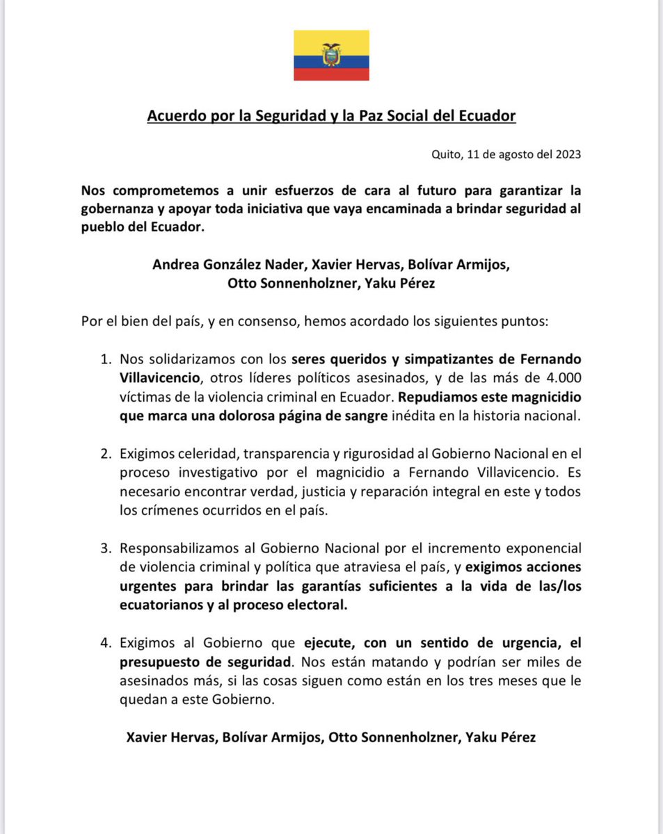 Primero es el pueblo y luego el poder 🇪🇨 Hemos firmado un acuerdo por la Seguridad y La Paz Social del Ecuador. #JuntosPorLaPaz @yakuperezg @ottosonnenh @AtomikHeartMom @xhervas