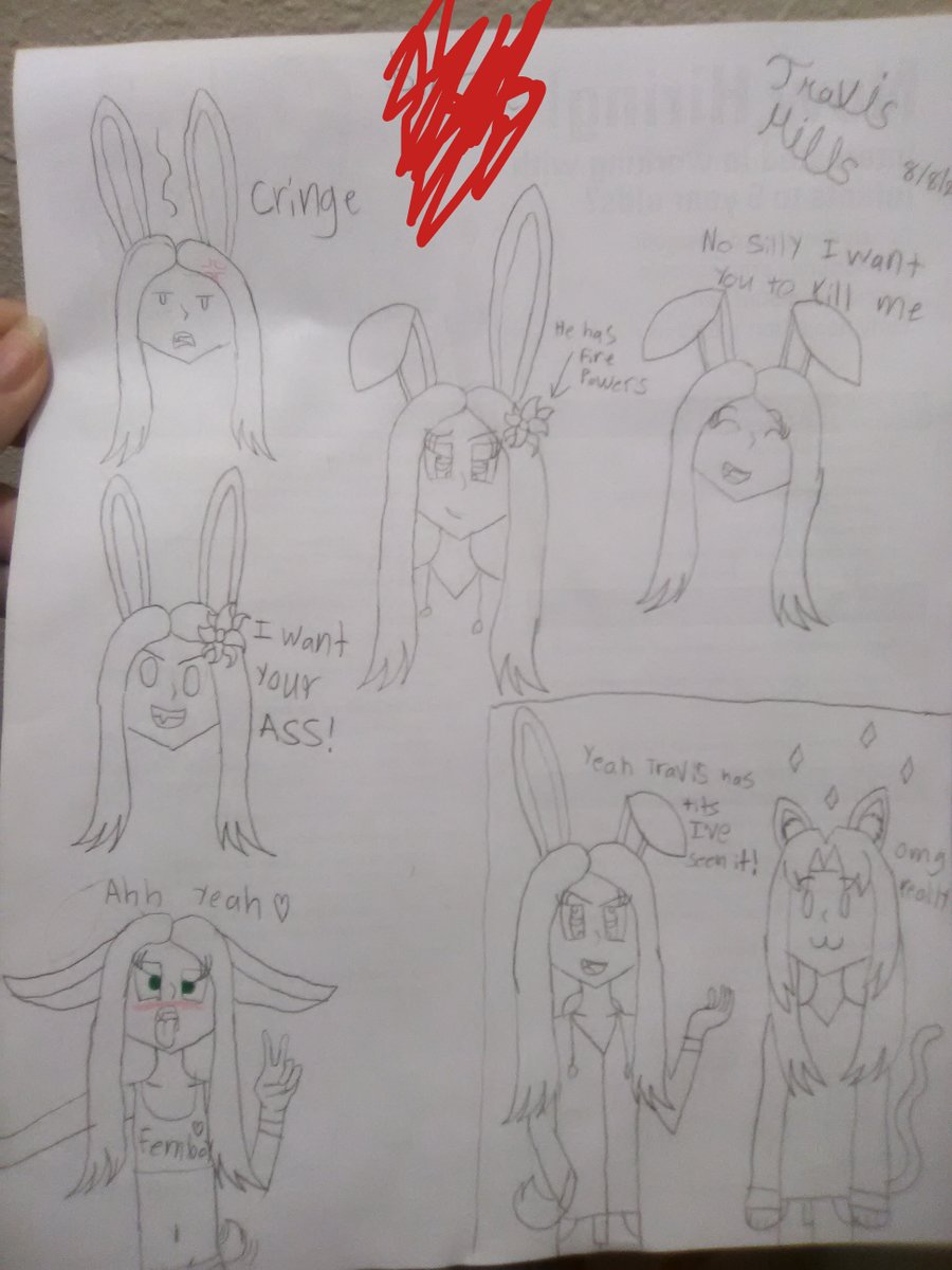 TravisHillsthe1's tweet photo. Fire Bunny princess: (friend from Discord)
He's a Femboy, can shoot fire balls out of his hands, gives out inspiring speeches & wants me to Kill him in a sexual way (not going into detail)
Also Cousin is in it too ( featured bottom right)
#drawings #Bunnyguy #Femboy https://t.co/P2JGruu6xo