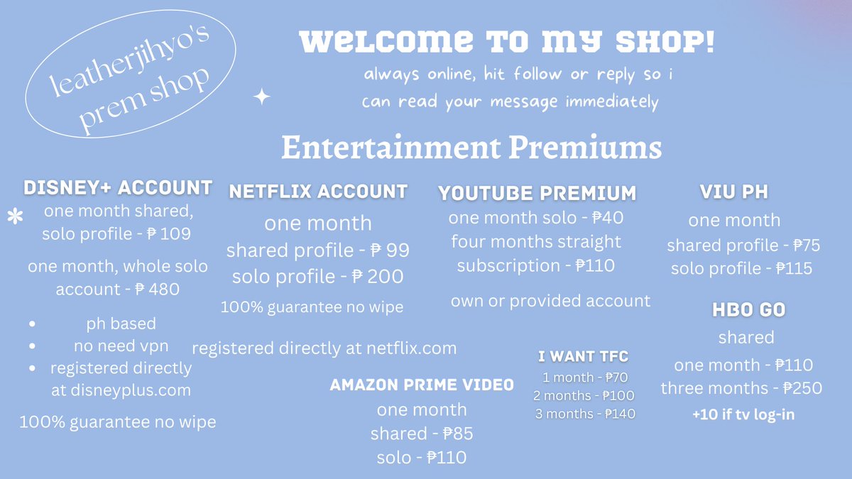 kswanabi's tweet photo. AVAILABLE TODAY, SAT AUG 12 PH
 
Disney plus + Premium
Youtube Premium
Netflix Premium
Amazon Prime Video
Viu
IWant TFC
HBO GO

Microsoft Office 365
Grammarly
Quillbot
Turnitin
Quizlet plus
Numerade
Scribd
Coursera
Skillshare
Brainly

shared solo 1m 4m 
How to DM at 📌 12 https://t.co/BQ1D6Z5nOE
