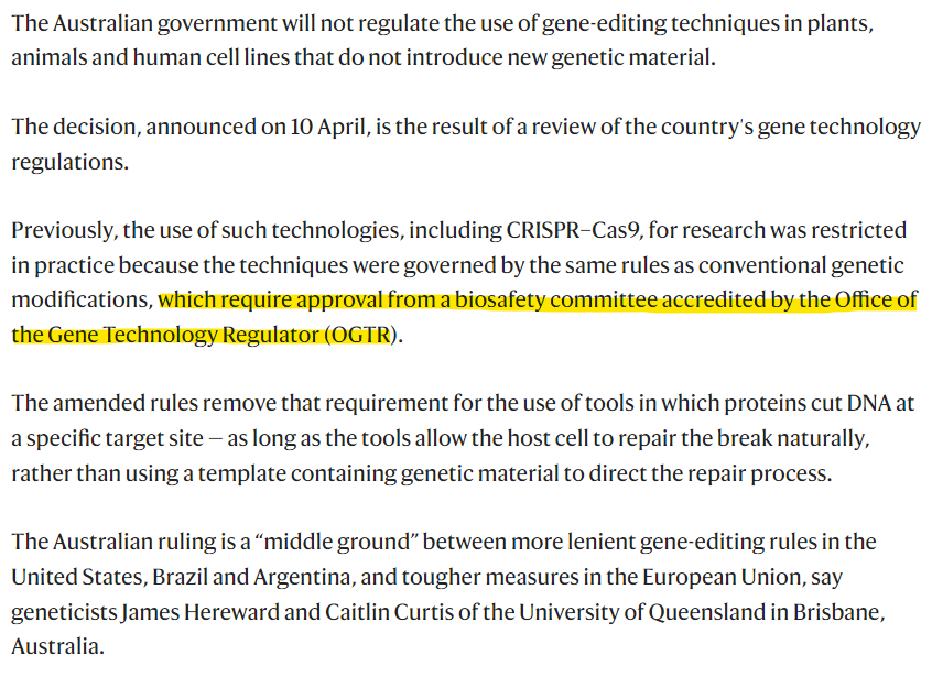 WildColonialGal's tweet photo. @juliangillespie @dystopian_DU Regulations amended 10 April 2019.
So approval from #OGTR is no longer required for #GMO food (now called gene editing.)
Not for #mRNA vaccines??
What's the process used to make #CovidVaccines ?
2/4 https://t.co/eG0stfp020