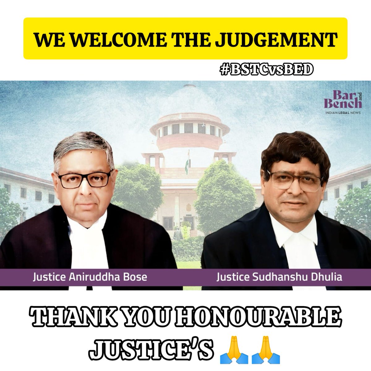 #BSTC_WELCOME_SC_JUDGEMENT
Thank you Honourable Supreme court &amp; Honourable Justice for giving us the final Judgement

#BSTC_WELCOME_SC_JUDGEMENT 
<a href="/ncte/">National Council of Teachers of English (NCTE)</a> <a href="/EduMinOfIndia/">Ministry of Education</a> <a href="/dpradhanbjp/">Dharmendra Pradhan</a> <a href="/PMOIndia/">PMO India</a> <a href="/SCofInd/">SupremeCourtOfIndia</a> <a href="/SCJudgments/">Latest Supreme Court Judgments</a> <a href="/indSupremeCourt/">Supreme Court of India</a> <a href="/barandbench/">Bar and Bench</a> <a href="/KapilSibal/">Kapil Sibal</a> <a href="/BBCBreaking/">BBC Breaking News</a> <a href="/ndtv/">NDTV</a> <a href="/aajtak/">AajTak</a>