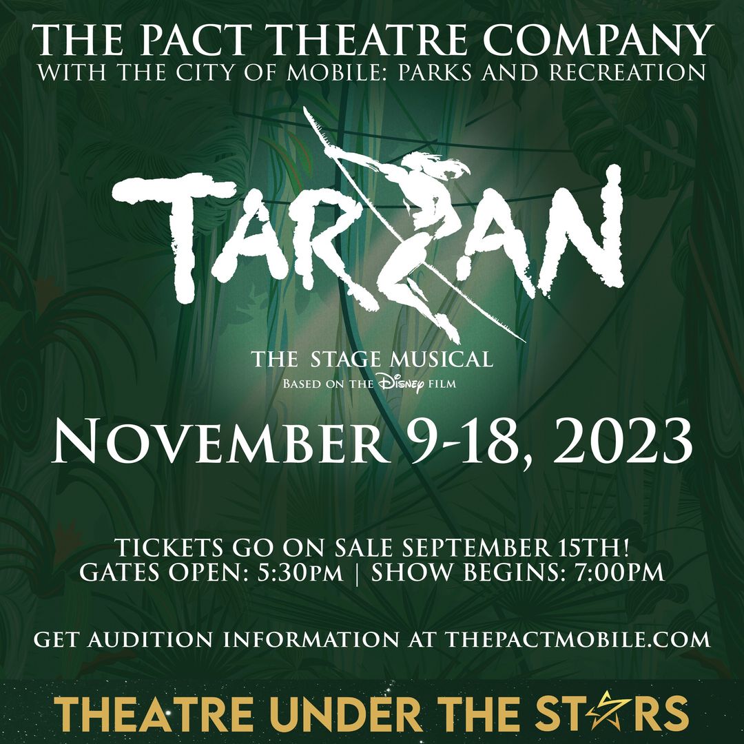 thePACTmobile's tweet image. ❗️EXCITING ANNOUNCEMENT ❗️
We have been keeping a secret!! We are excited to announce Theatre Under The Stars, a partnership with @mobparksandrec! We are thrilled to bring Disney’s Tarzan to life OUTSIDE at Langan Municipal Park! 🌴🦍