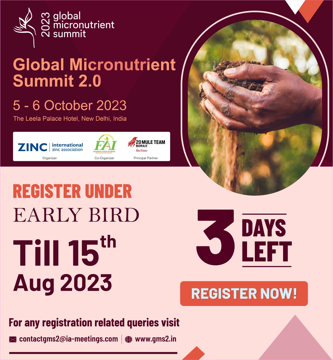 Three days to go! Early Bird registration ends soon!

Join us to know more on micronutrient fertilizers from the world renowned experts.

Register now and save: gms2.in

#micronutrient #zinc #boron #balancedplantnutrition #foodsecurity #nutritionsecurity