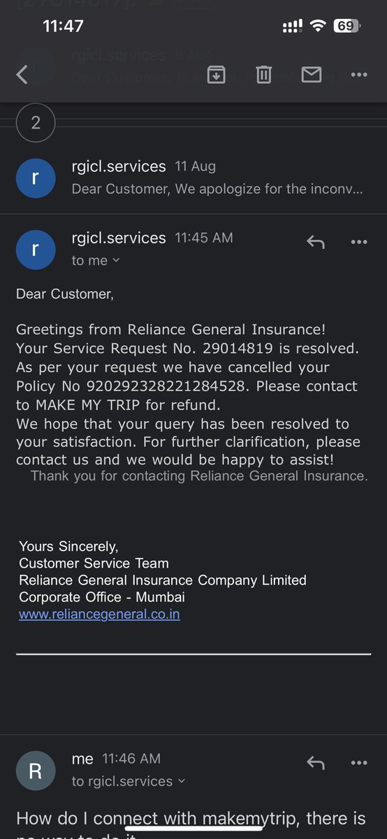 uselessence's tweet photo. @makemytripcare @makemytripcare reliance has already canceled the policy, please process the refund https://t.co/PsaKTHmAsF