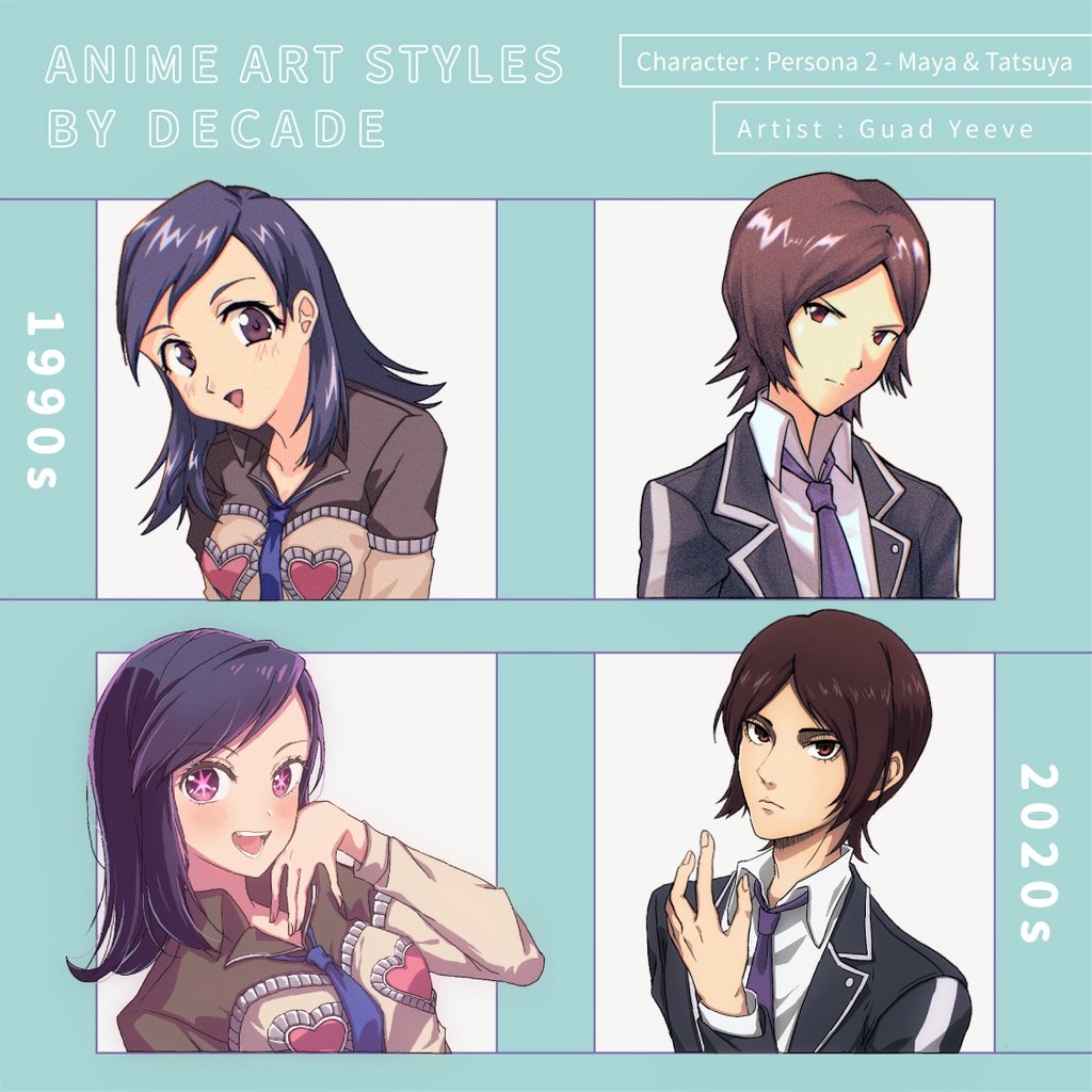 GuadYeeve's tweet photo. Style challenge with anime art styles by decade!

#仿官 #art #絵 #落書 #retro #anime #90s #evangelio #新世紀���ヴァンゲリオン  #oshinoko #推しの子 #attckontitan #進撃の巨人  #videogames #persona #persona2 #mayaamano #tatsuyasuou #周防達哉 #天野舞耶 https://t.co/KmMb0QZQD0