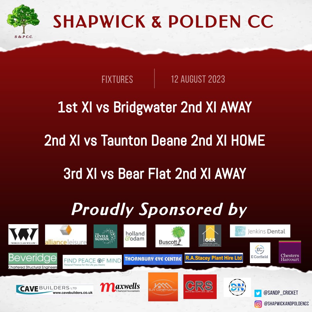 Shapwick & Polden CC (@sandp_cricket) on Twitter photo β¬οΈ Todays fixtures
1βs travel to <a href="/BridgyCC/">Bridgwater CC</a> 2βs in a must win encounter
2βs host <a href="/tauntondeanecc/">Taunton Deane CC π</a> 2βs as they look to continue their good form
3βs travel to <a href="/BearFlatCC/">Bear Flat CC</a> 2βs looking to bounce back from last week π β¬οΈ Todays fixtures
1βs travel to <a href="/BridgyCC/">Bridgwater CC</a> 2βs in a must win encounter
2βs host <a href="/tauntondeanecc/">Taunton Deane CC π</a> 2βs as they look to continue their good form
3βs travel to <a href="/BearFlatCC/">Bear Flat CC</a> 2βs looking to bounce back from last week π