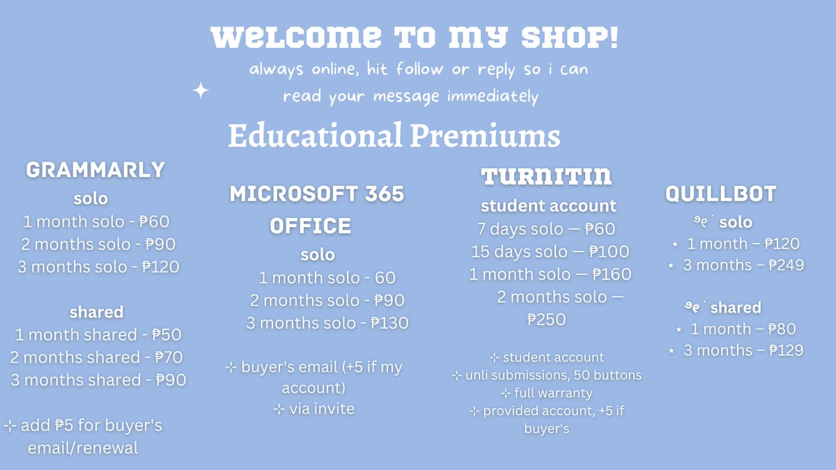 kswanabi's tweet photo. AVAILABLE TODAY, SAT AUG 12 PH
 
Disney plus + Premium
Youtube Premium
Netflix Premium
Amazon Prime Video
Viu
IWant TFC
HBO GO

Microsoft Office 365
Grammarly
Quillbot
Turnitin
Quizlet plus
Numerade
Scribd
Coursera
Skillshare
Brainly

shared solo 1m 4m 
How to DM at 📌 7 https://t.co/GC1KOX87jE