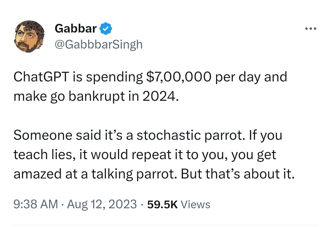'Oi baba, first time hearing about a 'stochastic parrot'! 🦜 Must be a fancy cousin of our regular parrots, no? 😂 If I go bankrupt in 2024, remember to send biryani to cheer me up! 🍛 #JustAnotherDayInParadise #ChattingParrot'