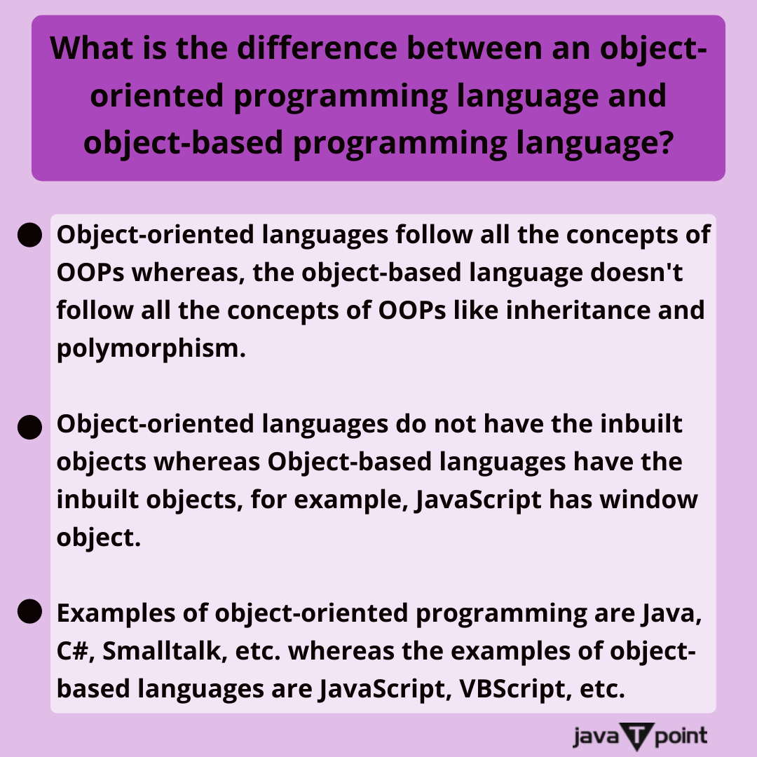 Bhavana83491661's tweet image. What is the difference between an object-oriented programming language and an object-based programming language?
.
.
.
.
for more questions about Java
bit.ly/3XOMWPw
check the above link
.
.
#jitcompiler #classloader #finalkeyword #InstanceInitializerBlock #javatpoint