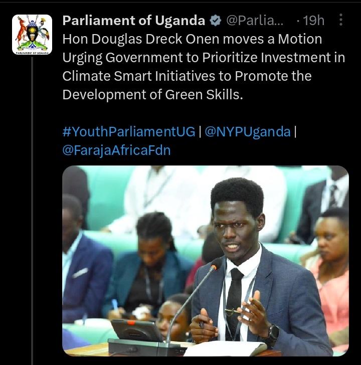 DrakeOnen's tweet image. Yesterday on the floor of @Parliament_Ug during the National Youth Parliament I moved a motion Urging Gov't to Prioritize Investment in Climate Smart Initiatives to Promote Development of Green Skills. The motion was seconded, tabled and adopted. @FarajaAfricaFdn