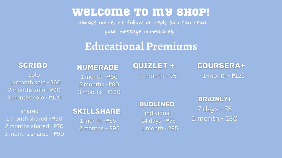 kswanabi's tweet photo. AVAILABLE TODAY, SAT AUG 12 PH
 
Disney plus + Premium
Youtube Premium
Netflix Premium
Amazon Prime Video
Viu
IWant TFC
HBO GO

Microsoft Office 365
Grammarly
Quillbot
Turnitin
Quizlet plus
Numerade
Scribd
Coursera
Skillshare
Brainly

shared solo 1m 4m 
How to DM at 📌 9 https://t.co/rcFA0NQZoW