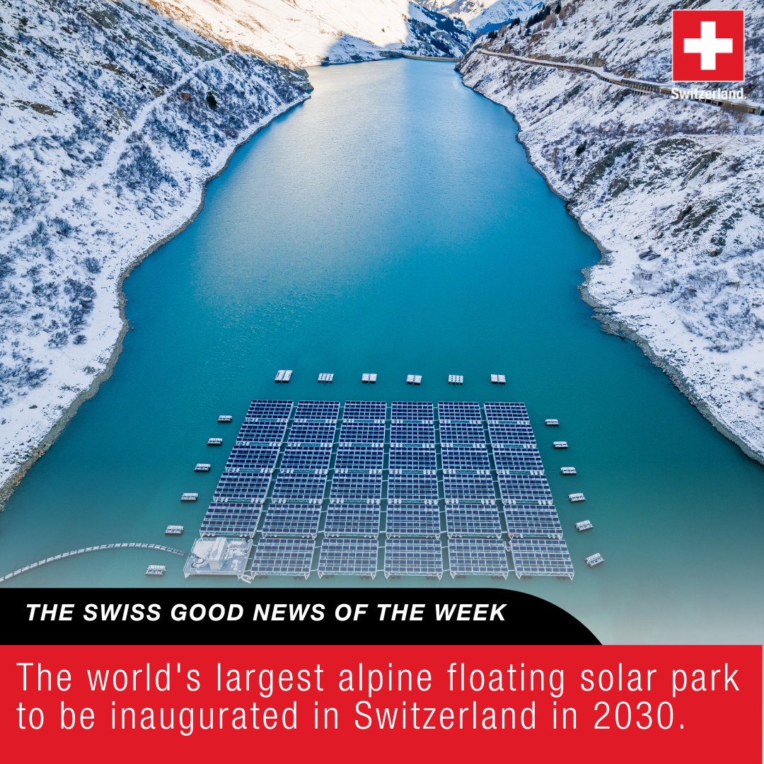 The extension of the existing floating solar park (image) is scheduled for 2030 and will cover 31% of the lake surface. 🇨🇭 
Around 27,000 solar panels will supply electricity to an average of 6,200 households. 💡