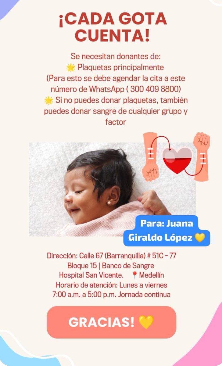 Medellin, por favor vamos a ayudar tanto como podamos: esta bebé de 4 meses necesita plaquetas. Se puede donar de lunes a viernes. Solo se agendan en el WhatsApp 3004098800. 
Desde mañana es posible agendarse para ir. 

Porfa difundir.