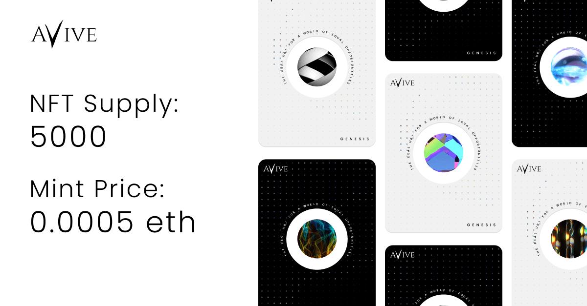 Wondering about the details of #Avive Genesis NFT?  

👉Mint Price: 0.0005eth 
👉NFT Supply: 5000   

⚡️Revenue generated from #NFT mints will be channeled back into the community through #lotteries, #airdrops, #giveaways,etc. 

✅#1 Lottery will take place right after the mint