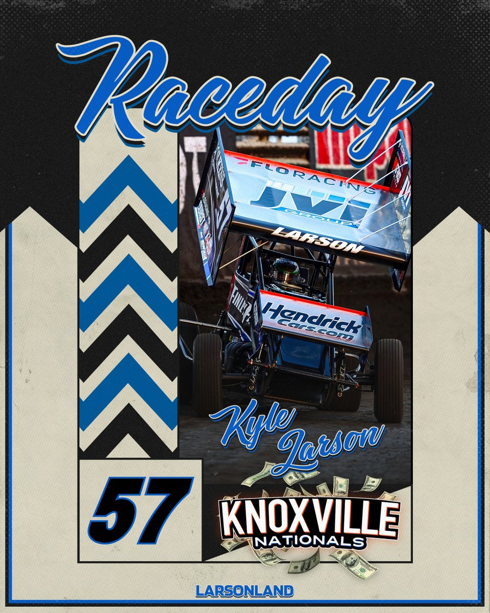 LarsonLand's tweet photo. Race fans...it is Raceday! Larson will look to capture his second ever Knoxville Nationals victory to become the eighth multi-winner in the event's history after capturing a win in 2021. Yung Money will fire off from the pole. Catch all of the action tonight on DIRTVision. https://t.co/ASrfRZSOZI