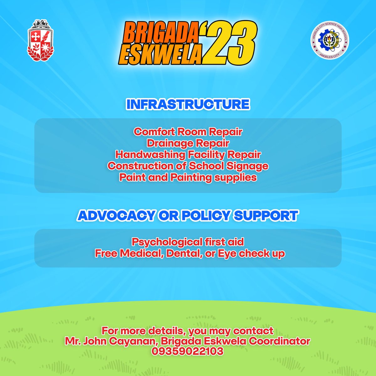 acsci_sslg's tweet photo. Magandang buhay, Mabuting tao! 🏫

Ilang sandali nalang at malapit na tayong magkikita! 👀 Angeles City Science High School is kindly knocking on your hearts for donations of supplies. 💗 

For more information, you may contact:

Mr. John C. Cayanan
09359022103 https://t.co/39GaO5E1ep