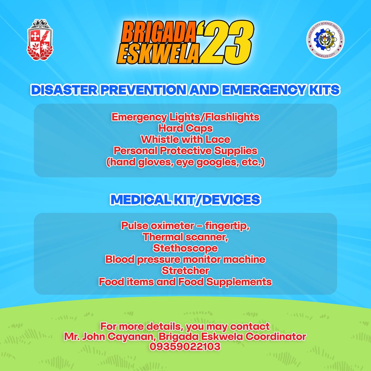acsci_sslg's tweet photo. Magandang buhay, Mabuting tao! 🏫

Ilang sandali nalang at malapit na tayong magkikita! 👀 Angeles City Science High School is kindly knocking on your hearts for donations of supplies. 💗 

For more information, you may contact:

Mr. John C. Cayanan
09359022103 https://t.co/39GaO5E1ep