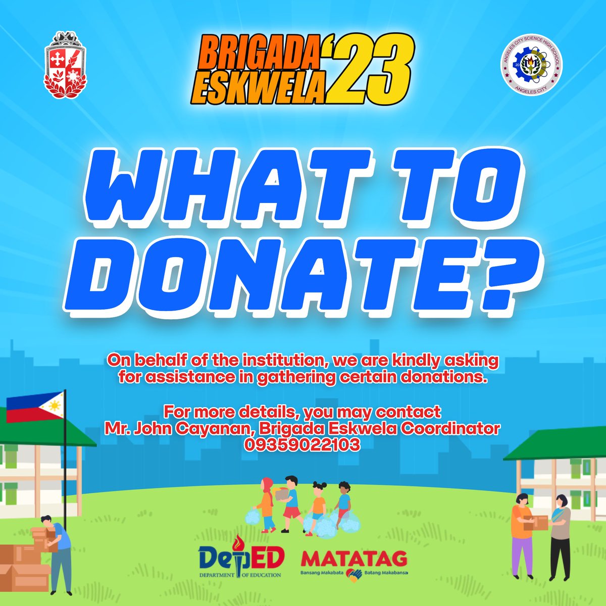 acsci_sslg's tweet photo. Magandang buhay, Mabuting tao! 🏫

Ilang sandali nalang at malapit na tayong magkikita! 👀 Angeles City Science High School is kindly knocking on your hearts for donations of supplies. 💗 

For more information, you may contact:

Mr. John C. Cayanan
09359022103 https://t.co/39GaO5E1ep