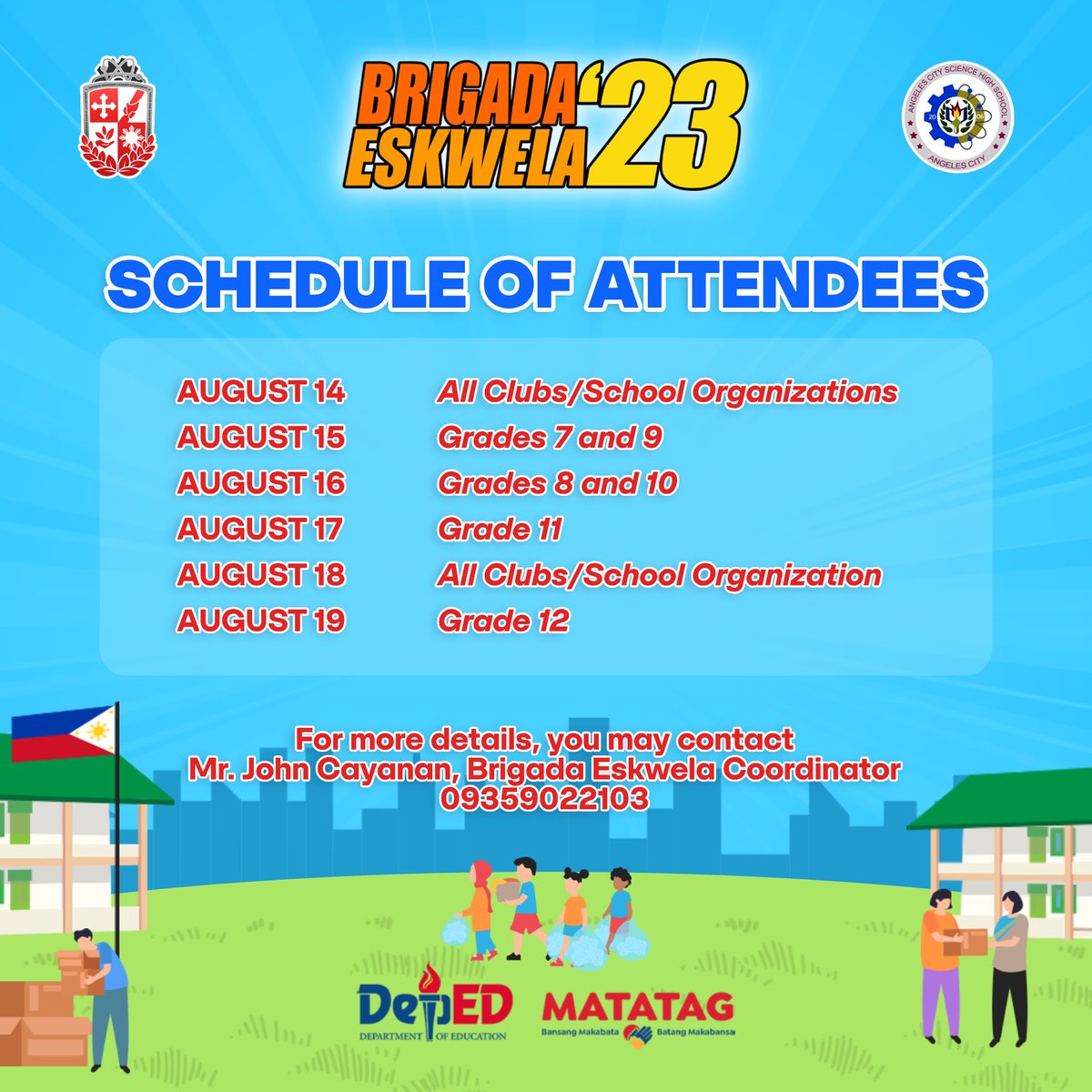 acsci_sslg's tweet photo. Tara na, at magbrigada na tayo! 🚌

Mark your calendars! Posting of sections will also be on the respective dates of the grade level. 

For more information, you may contact our Brigada Eskwela Coordinator:

Mr. John C. Cayanan
09359022103

We hope to see everyone soon, ACSci! 👀 https://t.co/eSf7HRTzOL