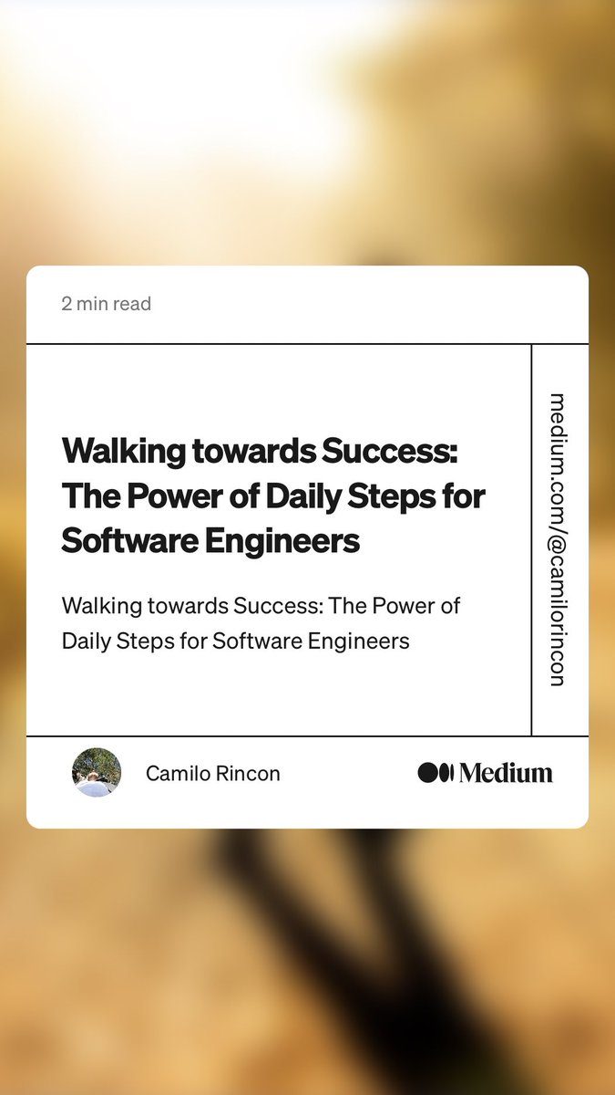 carlmultimedia's tweet photo. “Walking towards Success: The Power of Daily Steps for Software Engineers” by Camilo Rincon
https://t.co/SK9cuMbK6I https://t.co/BieyAFwEUT