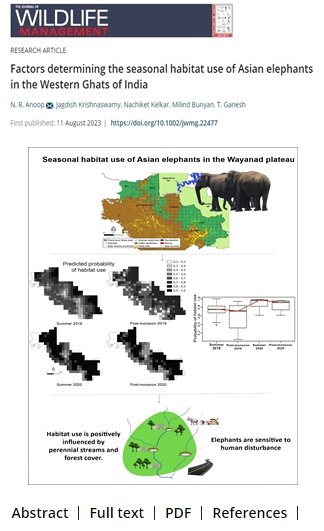 nranoop's tweet photo. On this World Elephant Day, we are thrilled to share our recent manuscript on the seasonal habitat use of Asian elephants in the Wayanad plateau, Western Ghats.  Check out the paper in ‘The Journal of Wildlife Management’

https://t.co/8NoPjQjQ0t https://t.co/5U1eh7Nf8U