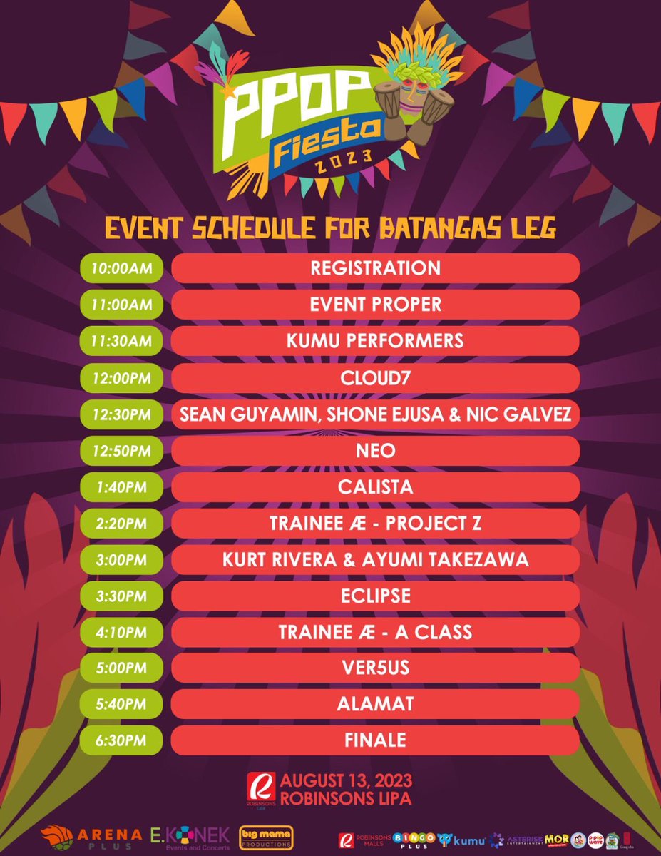 PPOP_Fiesta's tweet photo. 🕦Event Program Flow 

See you PPOP FANS this Sunday at the Robinsons Lipa, Batangas! 

Official Hashtag: #PPOPFiestaTourBatangas 

🎟️ https://t.co/zhMeykBZmz https://t.co/qjr0hJd0Tl