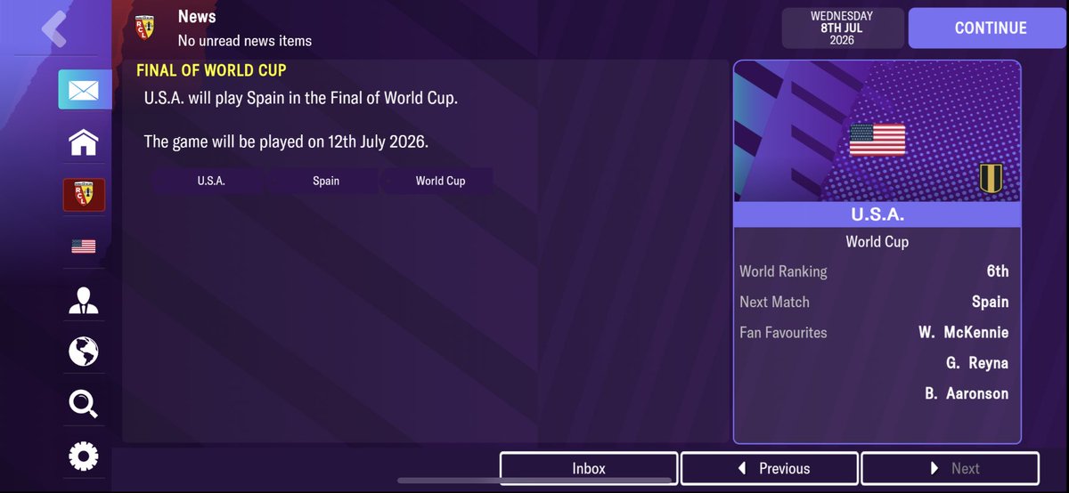 Mr_ManagerFM's tweet photo. 🗞️ Headline! 🗞️ 
“The Final is set! Host nation USA will take on perennial contenders Spain. They are 6th and 5th ranked respectively, so expect a tenacious, tight battle for the Cup!” #FM23 #FootballManager https://t.co/pTGw2QBobD