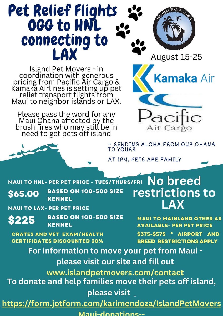 hawaiihomehound's tweet image. Anyone needing to get PETS off of Maui!   

#maui #lahaina #LahainaFires #lahainamaui #pets #dogs #cats