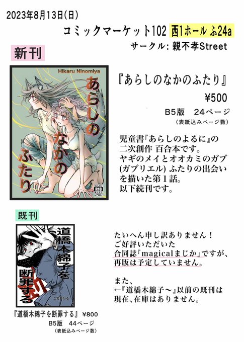 持ち込みは新刊1冊とほんの少しの既刊だけですが、
明日のお品書きです。 