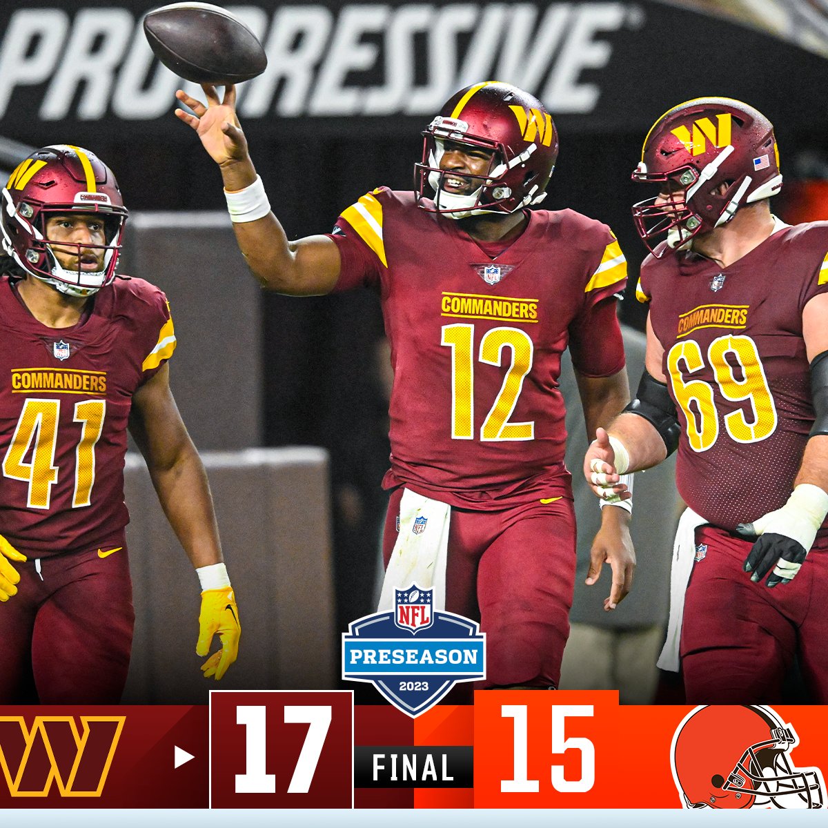 NFL's tweet photo. FINAL: @Commanders win in The Land! #WASvsCLE #NFLPreseason https://t.co/3SWS3JpD0l