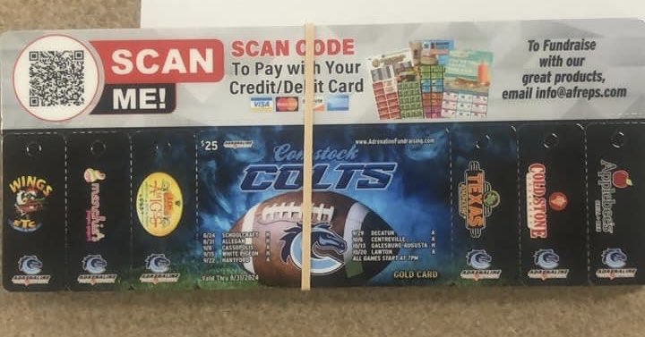 ComstockColtsFB's tweet photo. Our donations app is going well but we know there are a lot of people who don’t like to donate electronically so we have these amazing cards for sale with some awesome deals from local Kalamazoo restaurants and businesses. Get yours today for $25 a card! @ComstockColtsFB https://t.co/b5Mbaq8JvC
