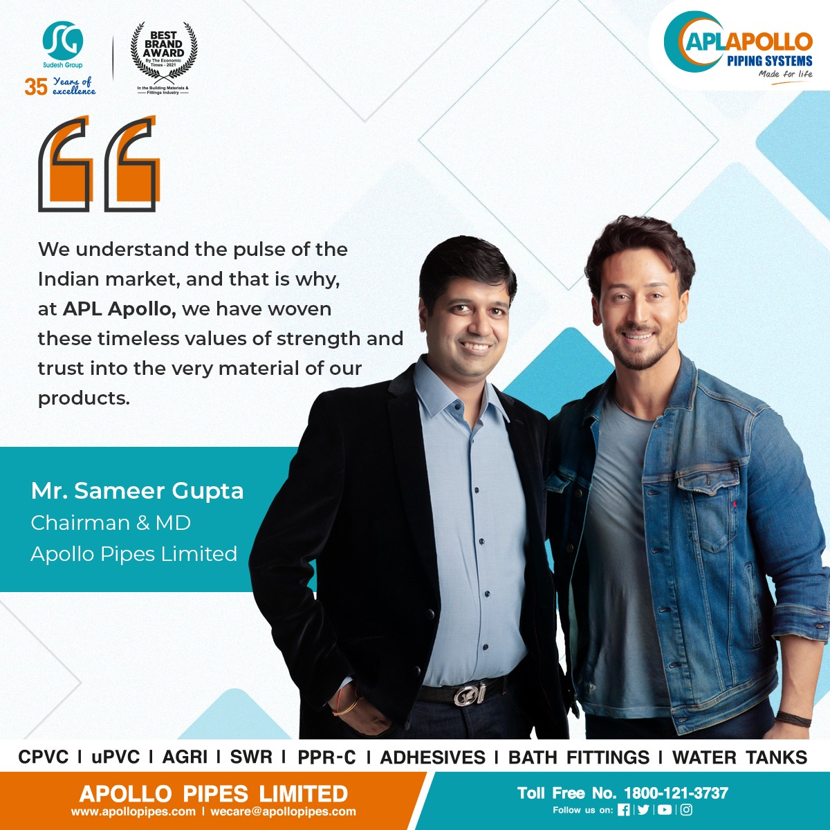 ApolloPipes's tweet photo. Manufacturing solid products that deliver optimum performances while keeping a robust approach for the future are the values that get our company going.πͺπ
#APLApollo #ManagementQuote #ManagementSpeaks #ApolloPipes #NeverCracksUnderPressure #MadeForLife #PipesAndFittings https://t.co/3yyL7jJv67