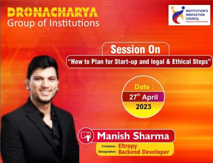 IIC Cell, Dronacharya Group of Institutions, Greater Noida organizing Session on ''How to Plan for Start-up and legal and Ethical Steps'' by Manish Sharma(Batch 2020) on 27th April, 2023.
#IIC
#Session
#technicalsession
#startup
#engineeringstudents
#engineeringinstitute
#g20